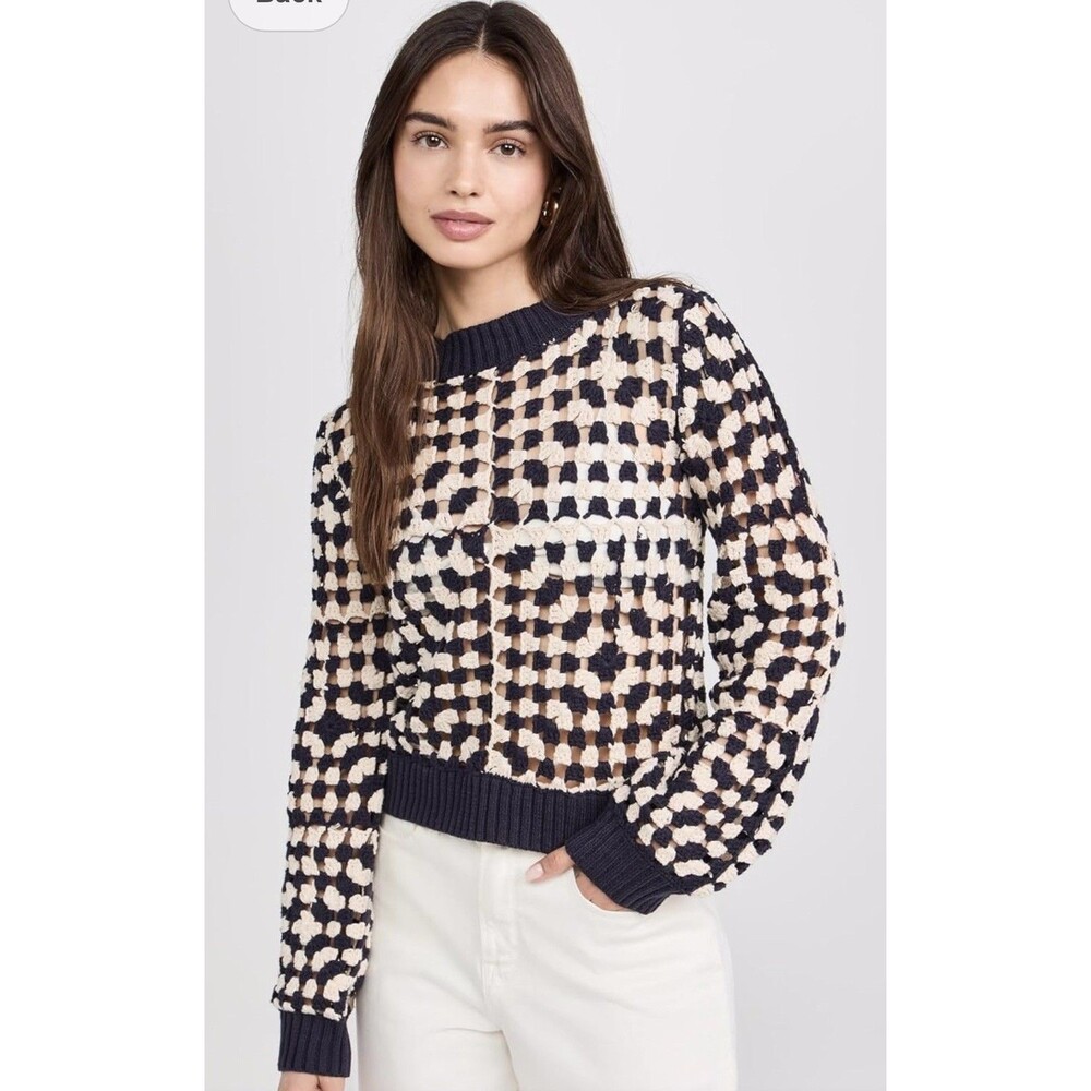 MINKPINK Women's Meyer Crochet Knit Sweater Navy Cream Size XS EUC Open Weave